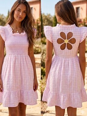 Dondolo Marguerite Daisy Cutout Dress in Floral Embroidered Pink Gingham XS New